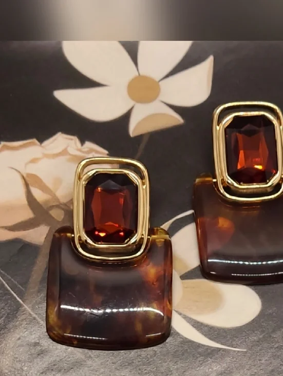 Vintage Retro Large Crystal Rootbeer Geometric Doorknocker Gold Drop Earrings - Picture 12 of 14